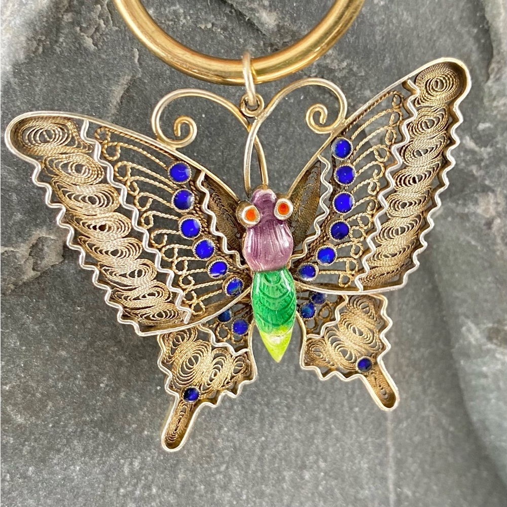 Vermeil (gold wash over sterling) filigree butterfly pendant with enameling